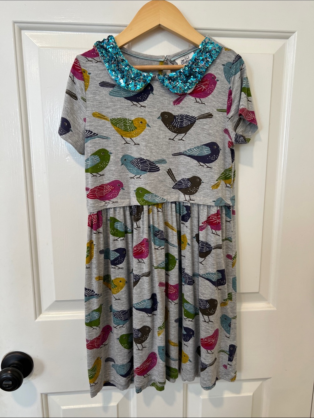 Mini Boden Grey Bird Print Dress with Teal Sequin Collar